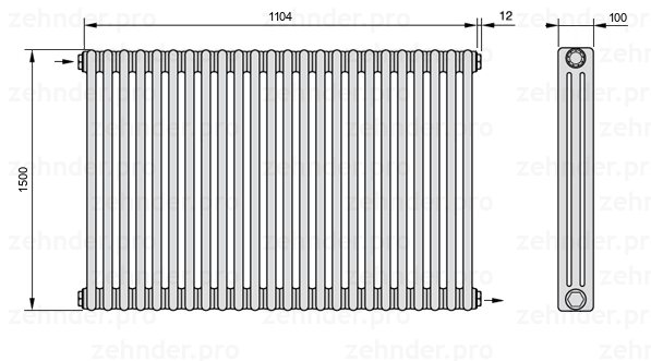 Схема (чертеж) Радиатор Zehnder Charleston 3150/24 №1670 Белый глянцевый RAL 9016